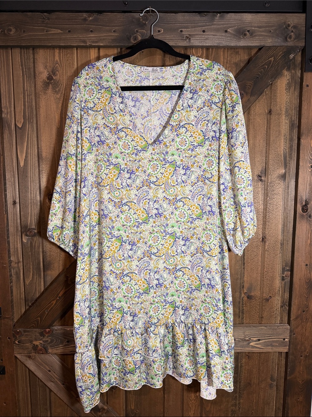 Dex Paisley V-Neck Midi Dress — Cream, Yellow, Purple, Green 3/4 Sleeve